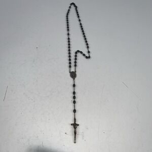 Antique Silver Tone Crucifix Cross Black Glass Onyx? Bead Rosary in Metal Rosary
